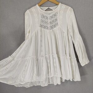 Free People XS Ivory Lace Embroidered Tunic Top Eyelet Boho Cottagecore Romantic